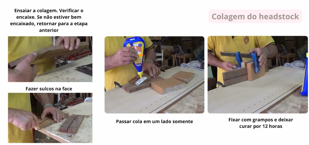 Colagem do headstock com grampos e tacos em cunha