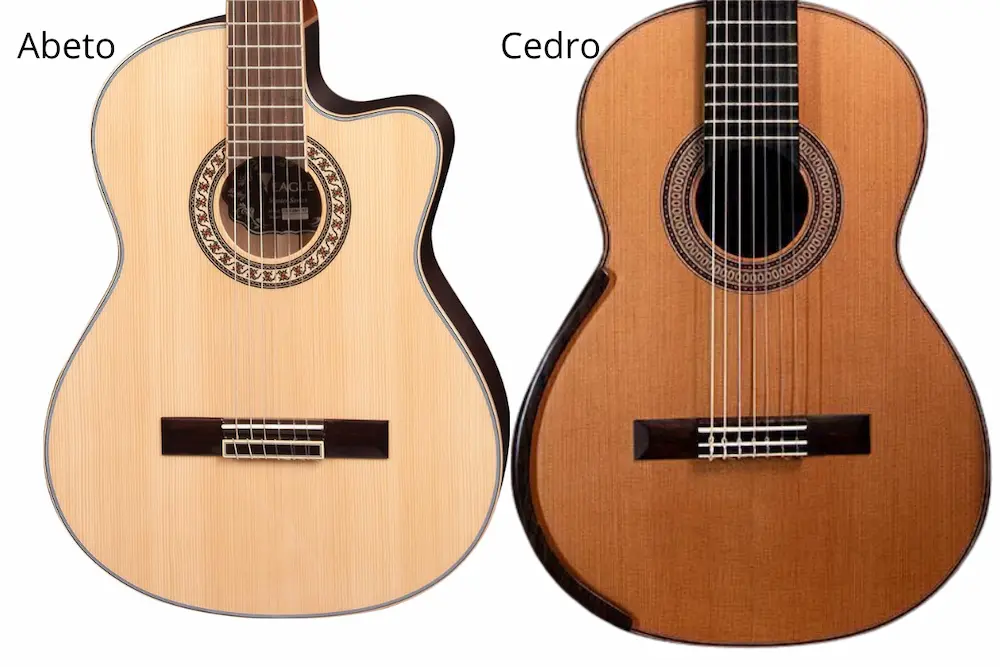 Tampo de violão com fibras alinhadas mostrando estrutura radial da madeira